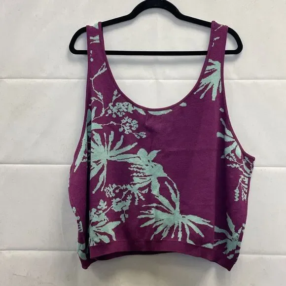 New! Future Collective Purple Green Floral Knit Crop Tank Top Size 4X - Picture 2 of 5